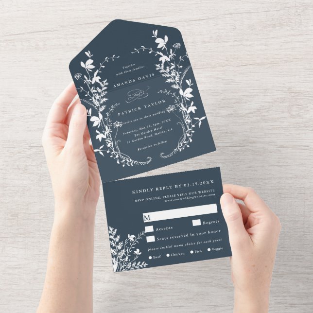 White Wildflower Silhouette Wreath Wedding Navy All In One Invitation (Tearaway)