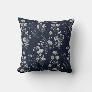 White wildflowers and crysanthimum deep blue throw pillow