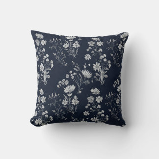 White wildflowers and crysanthimum deep blue throw pillow