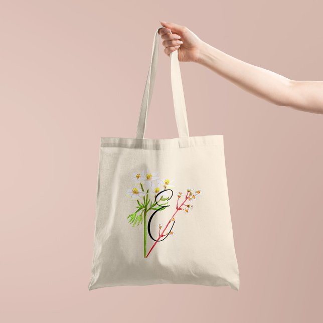 White wildflowers in watercolor with initial 1side tote bag (Creator Uploaded)