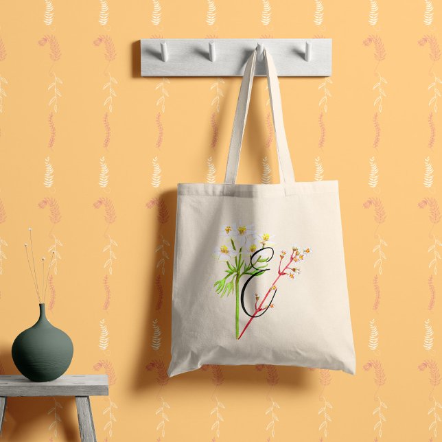 White wildflowers in watercolor with your initial. tote bag (Creator Uploaded)
