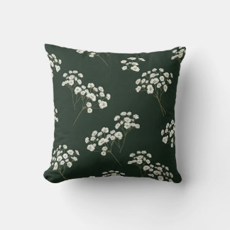 White wildflowers on deep green background throw pillow