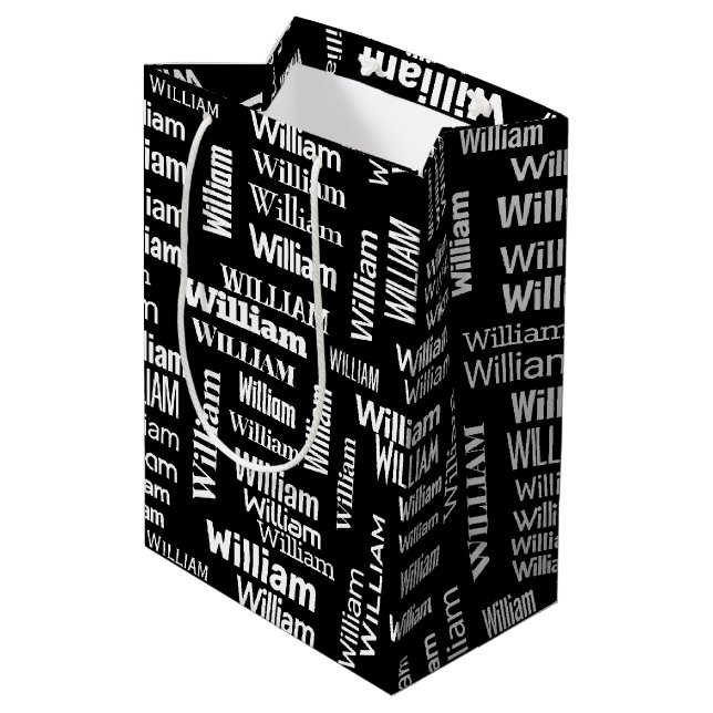 White WILLIAM Name On Black Medium Gift Bag (Back Angled)