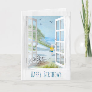 white window and curtain seashore scene birthday card