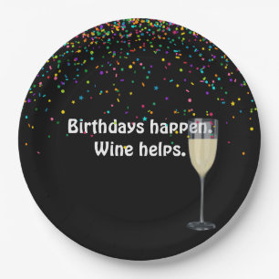 white wine and birthday party confetti paper plate