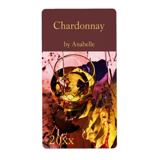 White wine glass and grape leaf wine bottle label (Front)
