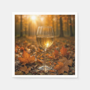 White Wine Glass In Autumn Maple Leaves Napkin