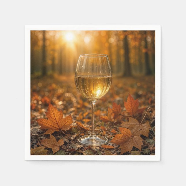 White Wine Glass In Autumn Maple Leaves Napkin (Front)