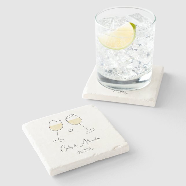 White Wine Glass Wedding Engagement Favour Stone Coaster (Side)
