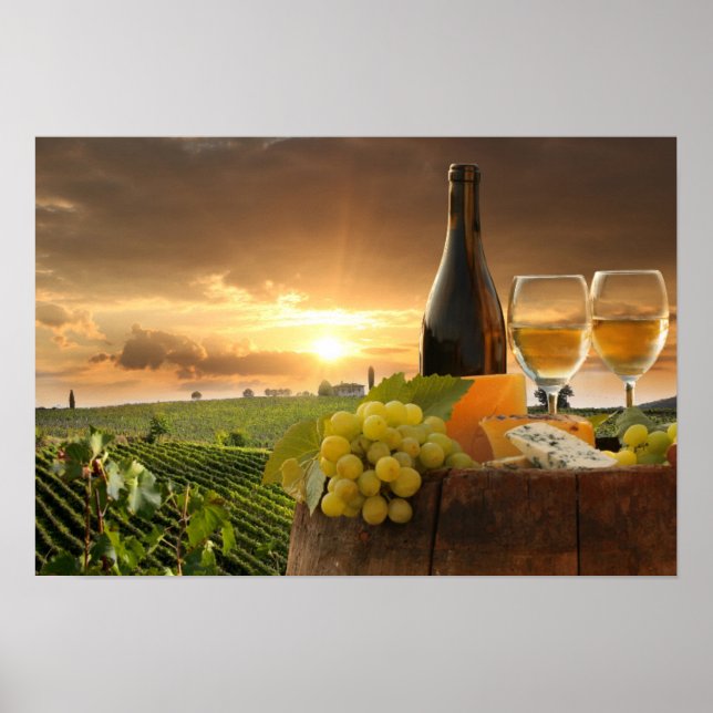 White Wine With Barrel On Vineyard In Chianti Poster (Front)