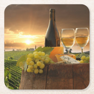White Wine With Barrel On Vineyard In Chianti Square Paper Coaster