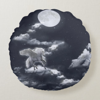 White winged horse: moonlit sky. round pillow