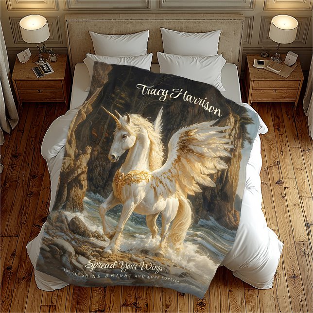 White Winged Unicorn Mythical Ocean Fantasy Horse Fleece Blanket (Creator Uploaded)