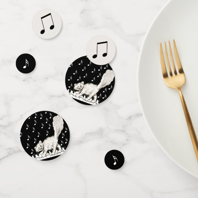 White Winking Cat on Piano Music Notes Confetti (Group)