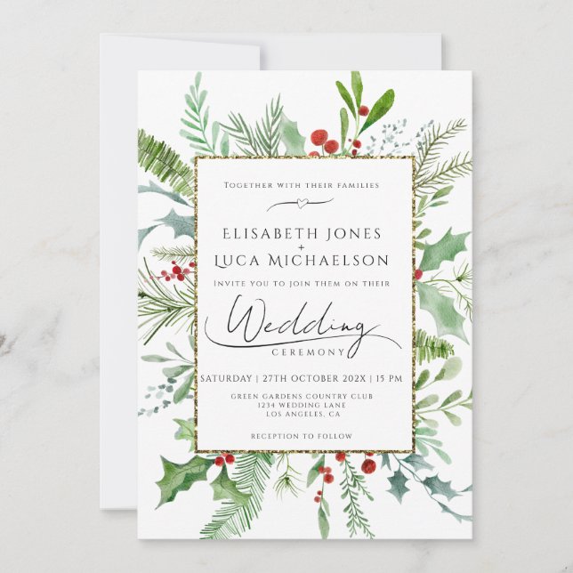White Winter Berry Leaf Botanical Monogram Wedding Invitation (Front)