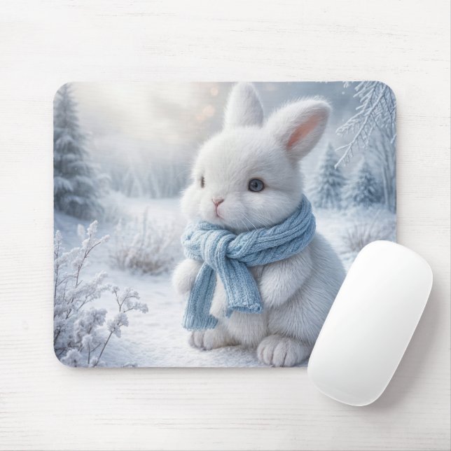 White Winter Bunny With Scarf Mouse Pad (With Mouse)