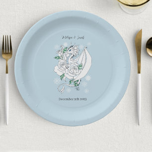 White Winter Dragon Snowflakes Blue Wedding Paper Plate