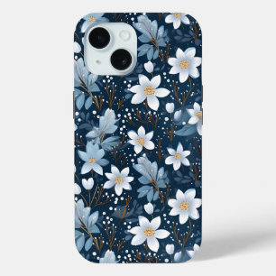 White Winter Flowers Pattern iPhone 15 Case