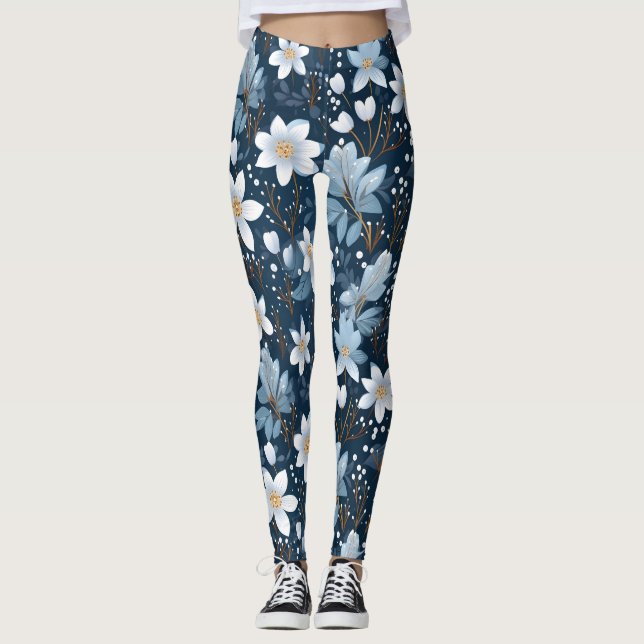 White Winter Flowers Pattern Leggings (Front)