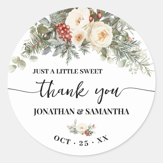 White Winter Flowers Wedding Thank You Classic Round Sticker (Front)
