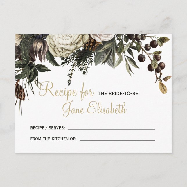White winter greenery bride to be recipe postcard (Front)