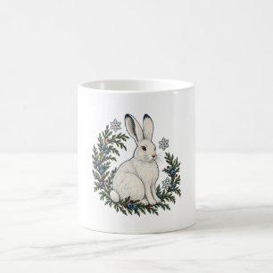 White Winter Hare with Juniper and Snowflakes Coffee Mug