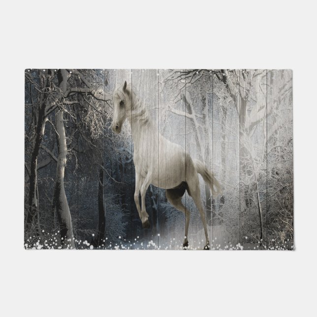 White Winter Horse In Mountain Forest  Doormat (Front)