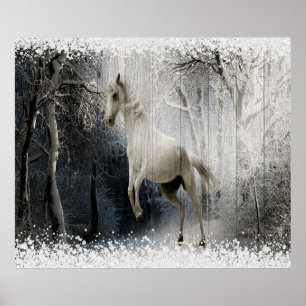 White Winter Horse In Mountain Forest Poster