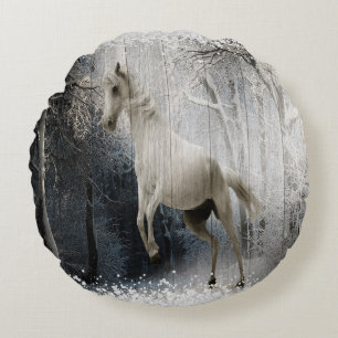 White Winter Horse In Mountain Forest Round Pillow