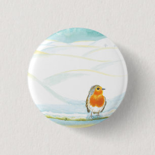White Winter Landscape Illustration With Robin 1 Inch Round Button