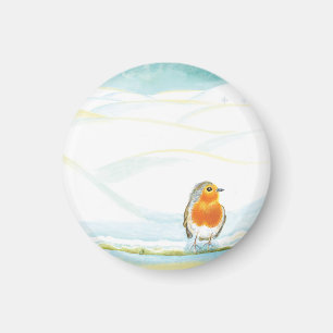 White Winter Landscape Illustration With Robin Magnet