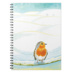 White Winter Landscape Illustration With Robin Notebook