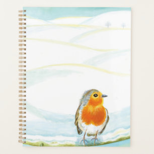 White Winter Landscape Illustration With Robin  Planner