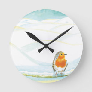 White Winter Landscape Illustration With Robin Round Clock