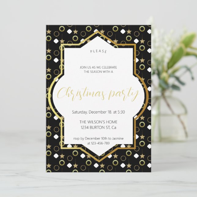White Winter on Black and Gold Christmas Party Announcement (Standing Front)