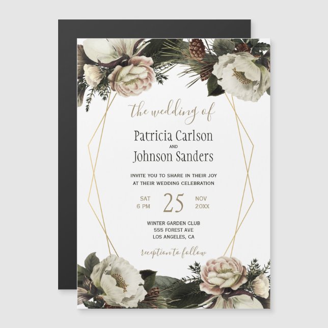 White winter peonies geometric frame wedding magnetic invitation (Front/Back)