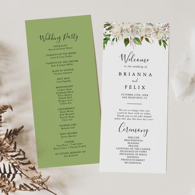 White Winter Peony Floral Wedding Programme (Créateur téléchargé)
