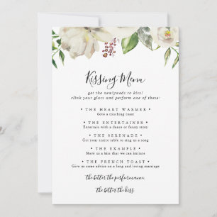 White Winter Peony Wedding Kissing Menu Game Card