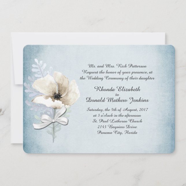 White Winter Poppy Wedding Invitation (Front)