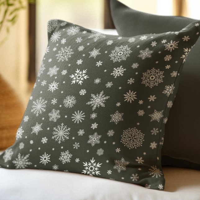 White Winter Snowflake Dark Pine Green Throw Pillow (Creator Uploaded)