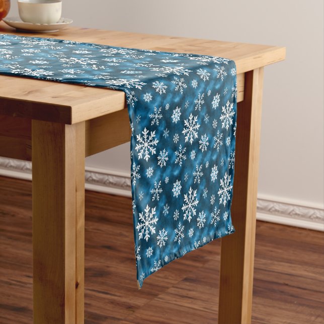 White Winter Snowflake Pattern On Cool Blue Short Table Runner (In Situ)