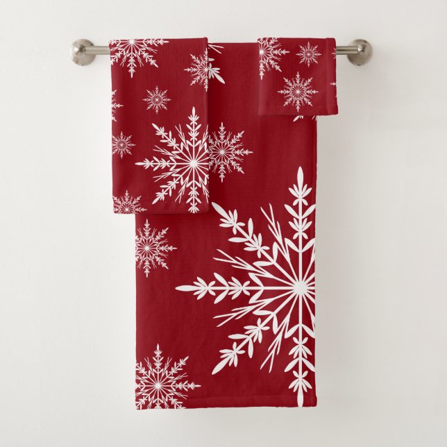 White Winter Snowflakes on Red Bath Towel Set (Insitu)