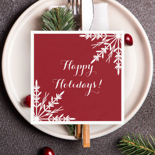 White Winter Snowflakes on Red Happy Holidays Napkin