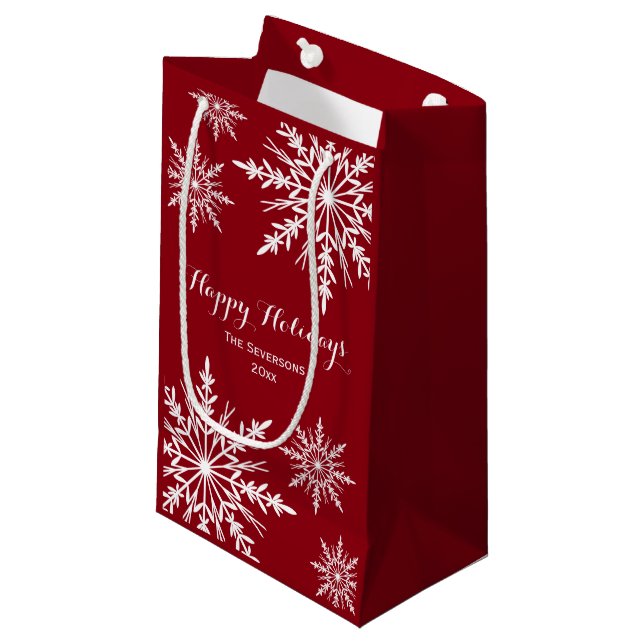 White Winter Snowflakes on Red Happy Holidays Small Gift Bag (Front Angled)