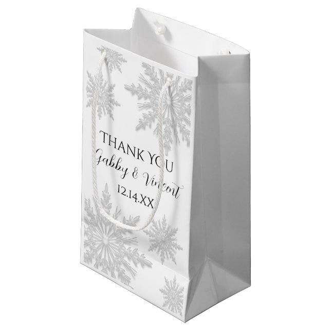 White Winter Snowflakes Wedding Thank You Small Gift Bag (Front Angled)