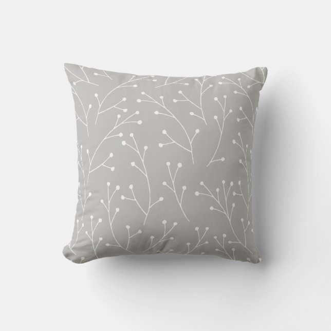 White Winter Twigs on Grey Throw Pillow (Front)