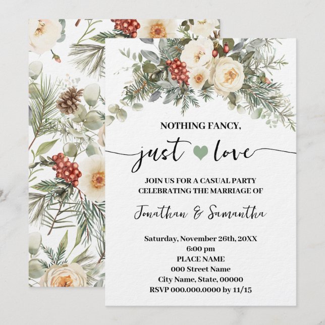 White Winter Wedding Nothing Fancy Just Love  Invitation (Front/Back)