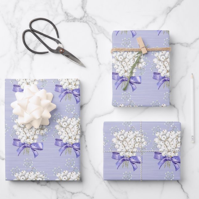 White Winterberries Purple Ribbon Christmas Wrapping Paper Sheet (Front)