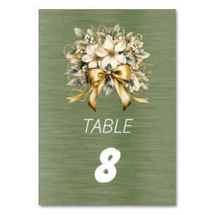 White Winterberry Green Leaf Gold Ribbon Table Number