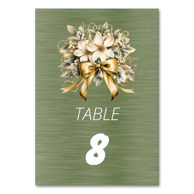 White Winterberry Green Leaf Gold Ribbon Table Number (Front)